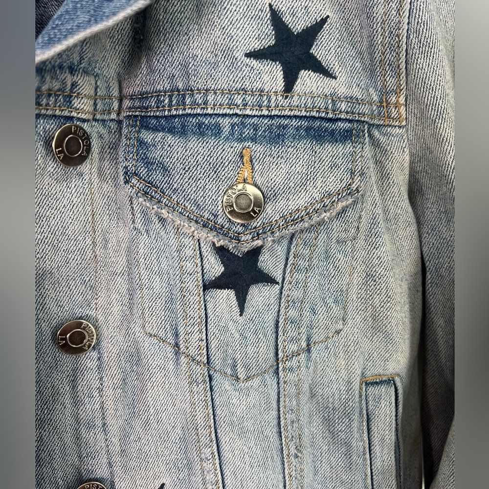 Pistola Brando Light Blue Navy Star Embroidered Denim Jean Jacket Raw Hem Small - Picture 7 of 10